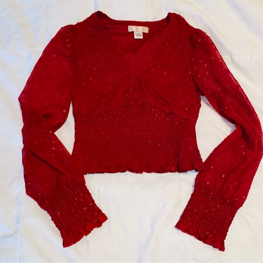 💛 🎉HP🎉 B.O.G Collective Red Shimmer Bubble Sleeve Crop Blouse XS